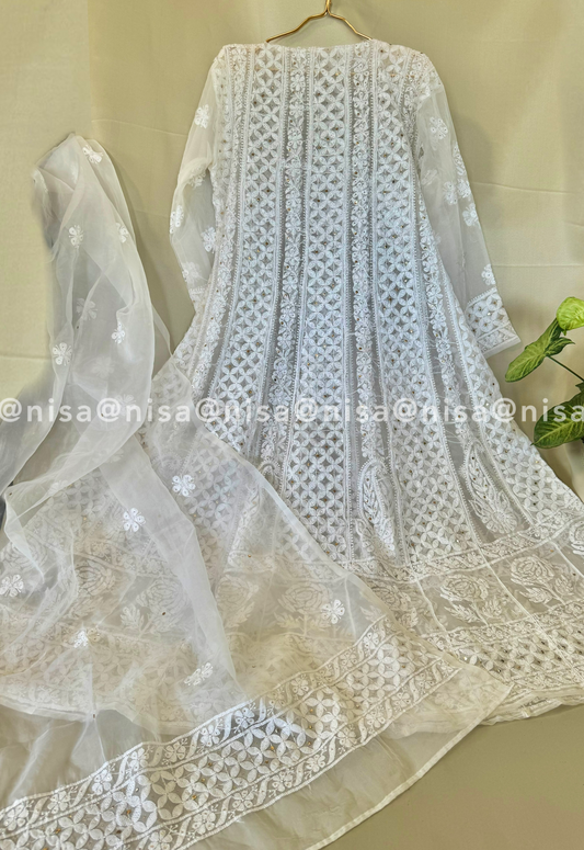 Nisa Organza Chikankari Muqaish Anarkali Dupatta Set